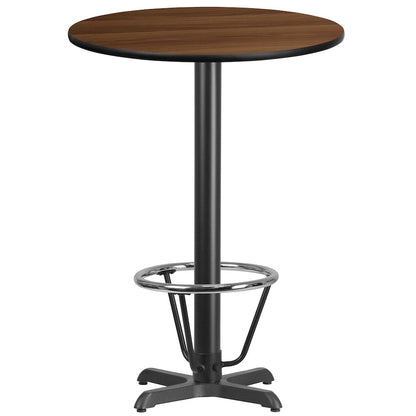 30'' Round Walnut Table Top with 22'' x 22'' Bar Height Table Base and Foot Ring