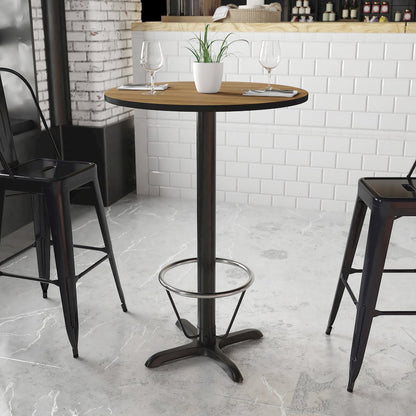 30'' Round Walnut Table Top with 22'' x 22'' Bar Height Table Base and Foot Ring