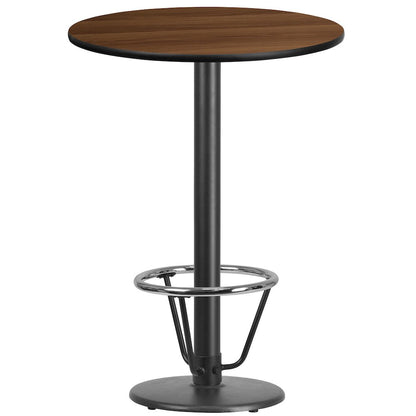 30'' Round Walnut Table Top with 18'' Round Bar Height Table Base and Foot Ring