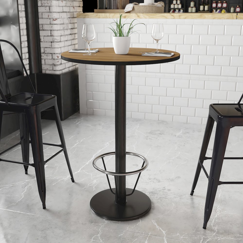 30'' Round Walnut Table Top with 18'' Round Bar Height Table Base and Foot Ring