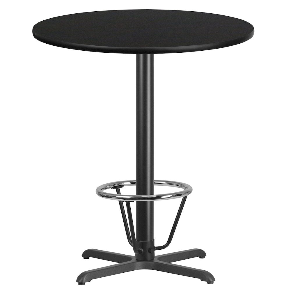 36'' Round Black Table Top with 30'' x 30'' Bar Height Table Base and Foot Ring