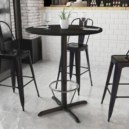 36'' Round Black Table Top with 30'' x 30'' Bar Height Table Base and Foot Ring