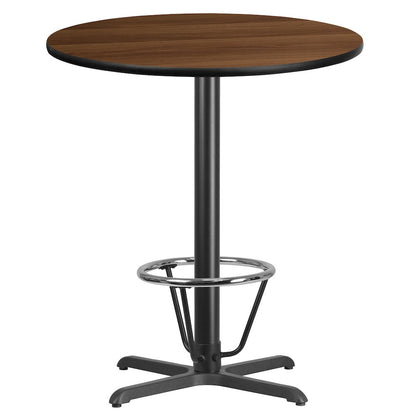 36'' Round Walnut Table Top with 30'' x 30'' Bar Height Table Base and Foot Ring