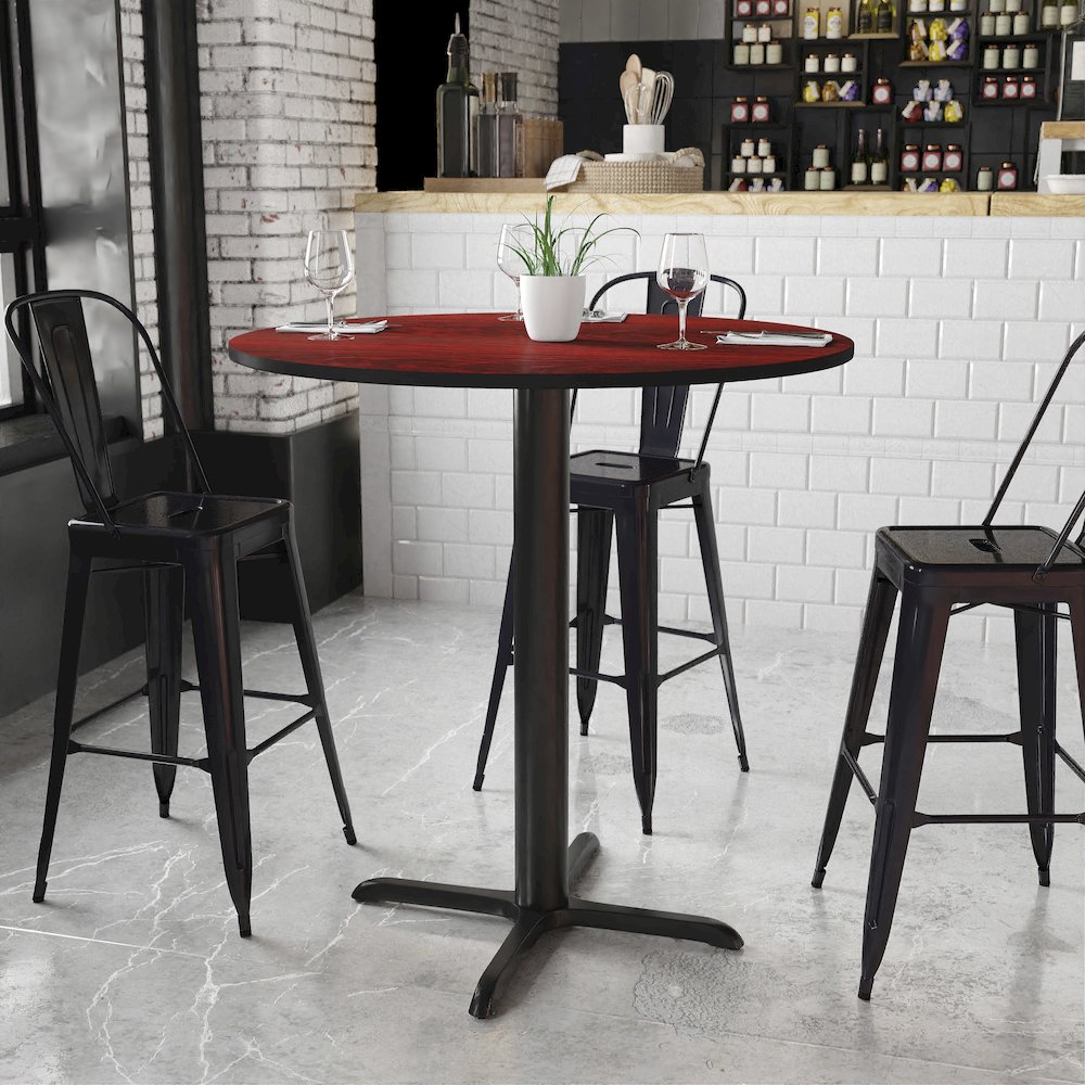 42'' Round Mahogany Laminate Table Top with 33'' x 33'' Bar Height Table Base
