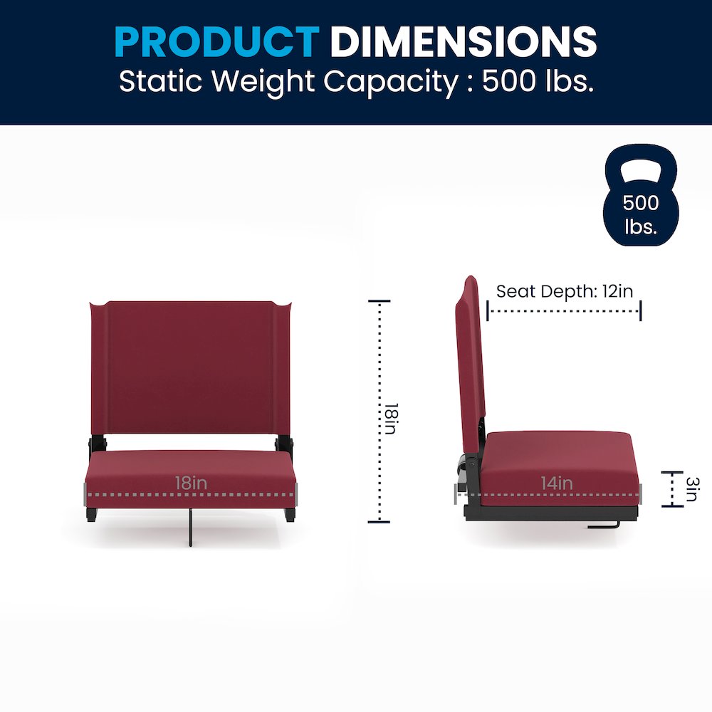 500 lb. Rated Lightweight Stadium Chair with Handle & Ultra-Padded Seat, Maroon