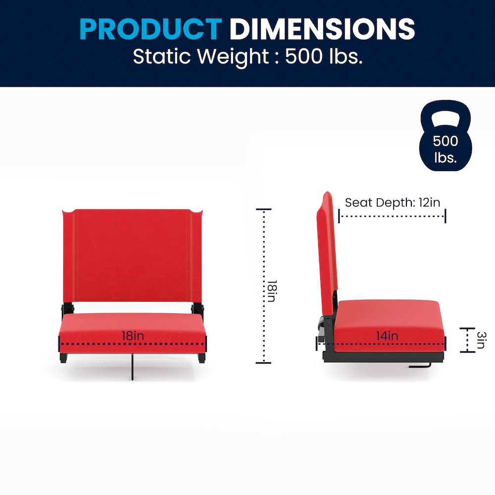 500 lb. Rated Lightweight Stadium Chair with Handle & Ultra-Padded Seat, Red