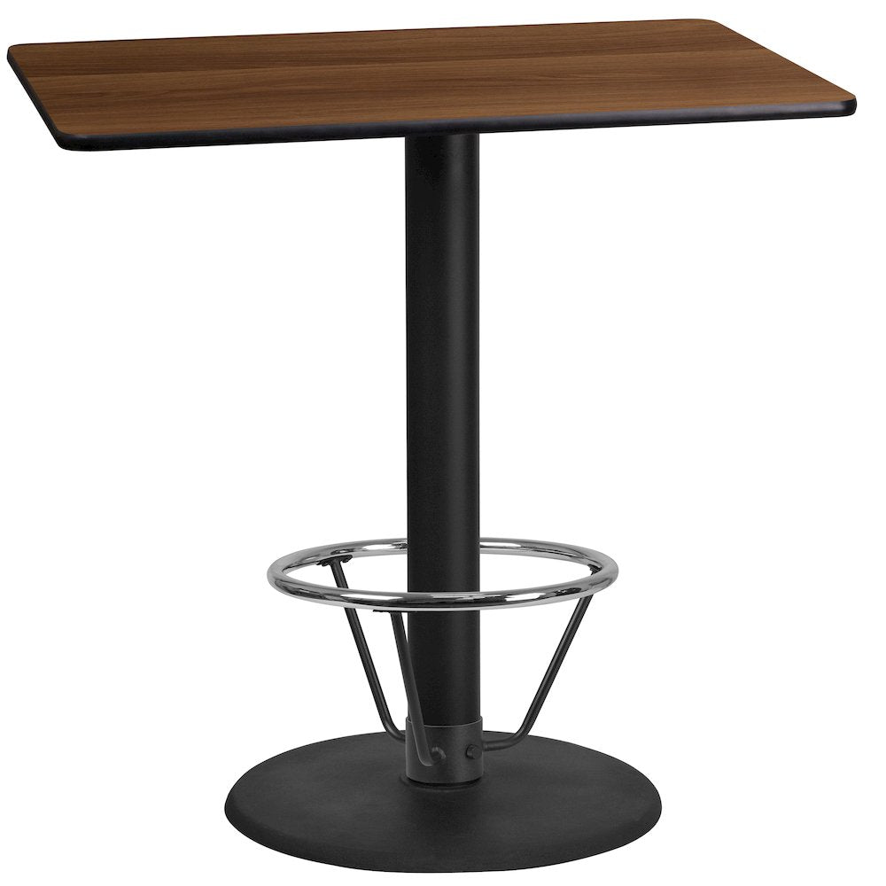 24'' x 42'' Walnut Table Top with 24'' Round Bar Height Table Base and Foot Ring