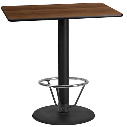 24'' x 42'' Walnut Table Top with 24'' Round Bar Height Table Base and Foot Ring