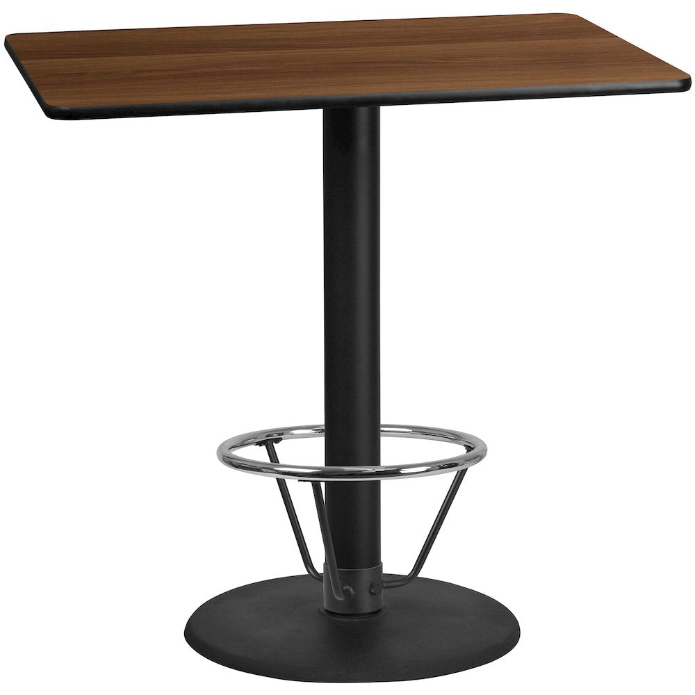 30'' x 48'' Walnut Table Top with 24'' Round Bar Height Table Base and Foot Ring