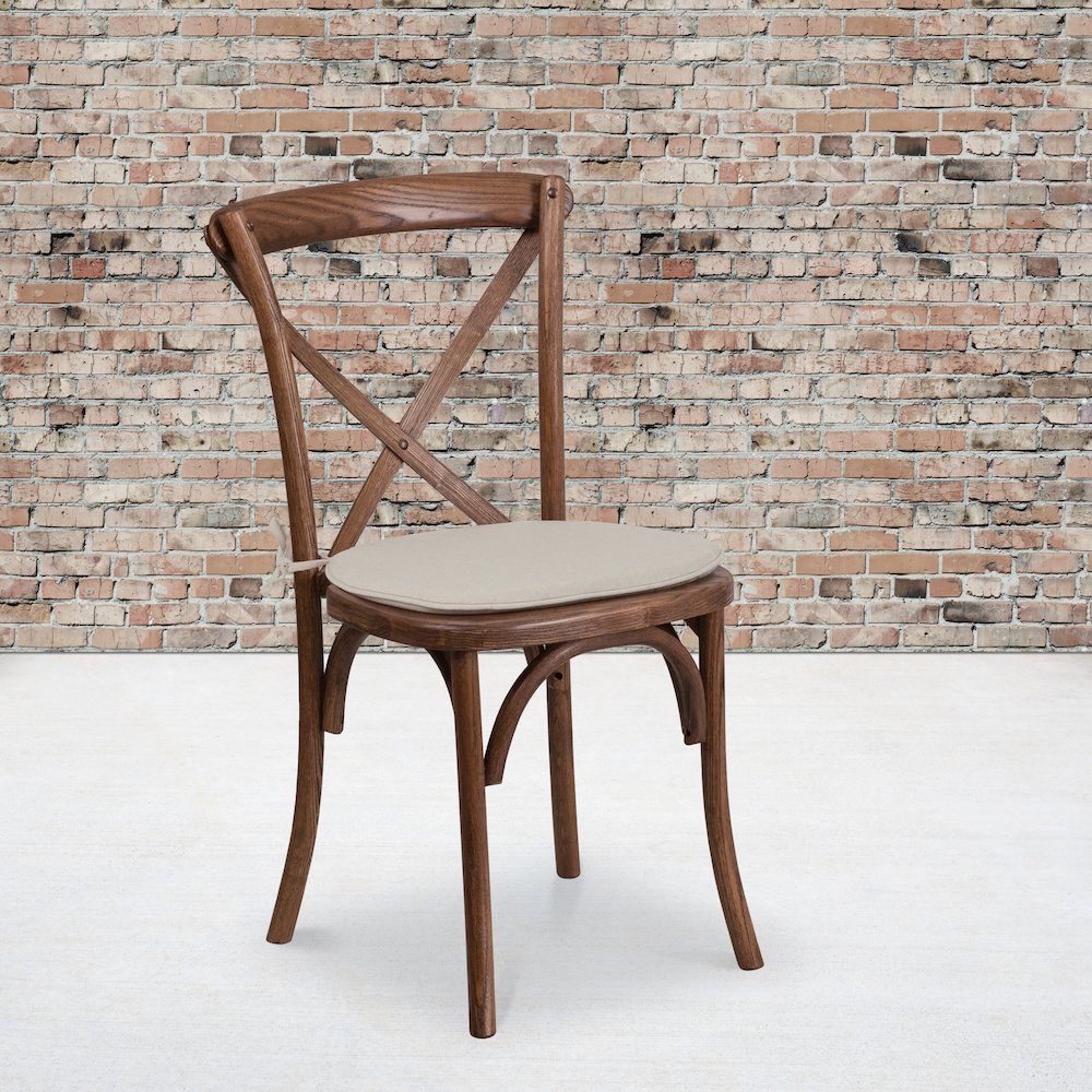 Stackable Pecan Wood Cross Back Chair with Cushion