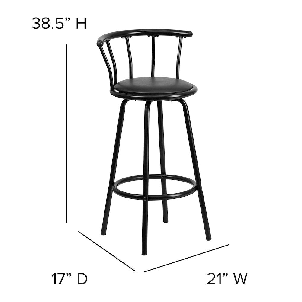 Back Black Metal Barstool with Black Vinyl Swivel Seat