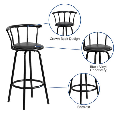 Back Black Metal Barstool with Black Vinyl Swivel Seat
