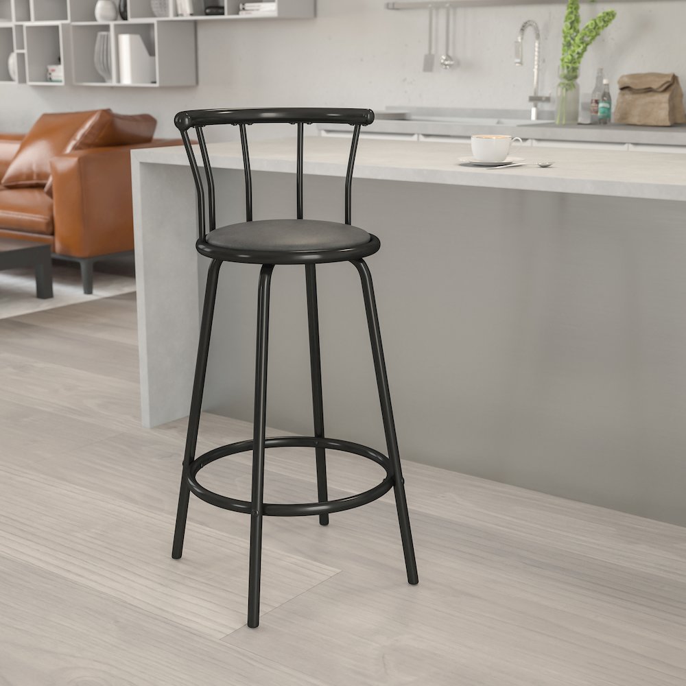 Back Black Metal Barstool with Black Vinyl Swivel Seat