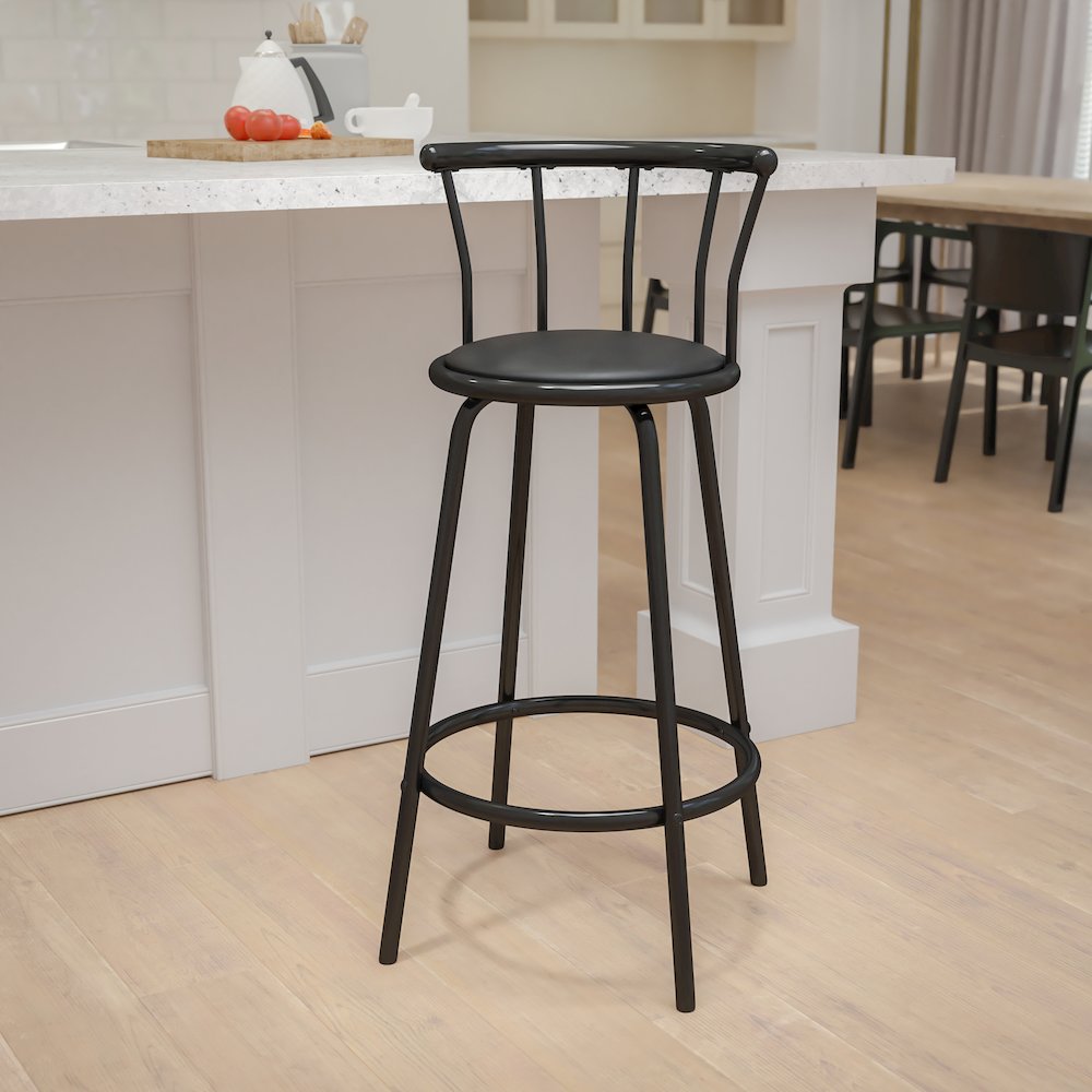 Back Black Metal Barstool with Black Vinyl Swivel Seat