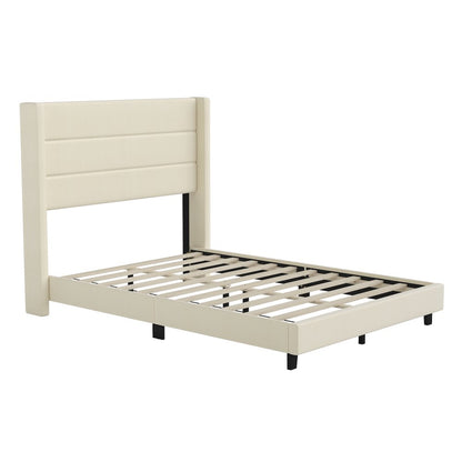 Full Upholstered Platform Bed with Wingback Headboard, Beige Faux Linen