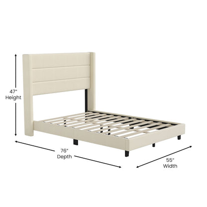 Full Upholstered Platform Bed with Wingback Headboard, Beige Faux Linen