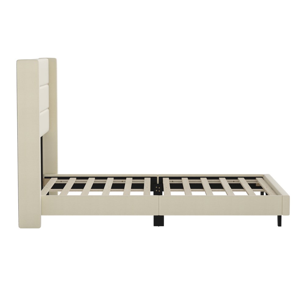Full Upholstered Platform Bed with Wingback Headboard, Beige Faux Linen