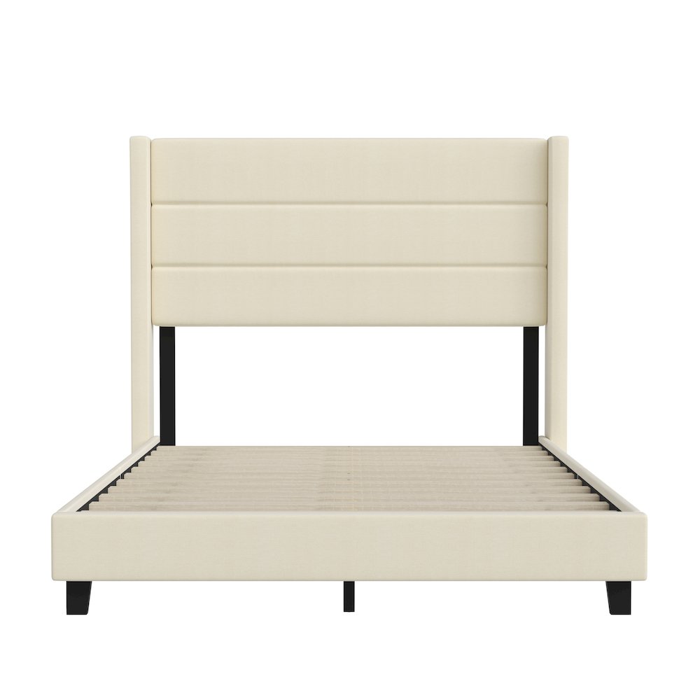 Full Upholstered Platform Bed with Wingback Headboard, Beige Faux Linen