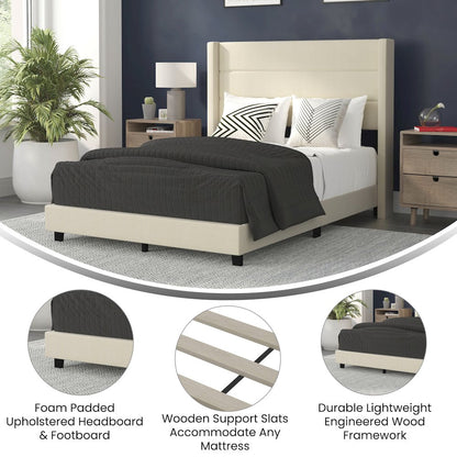 Full Upholstered Platform Bed with Wingback Headboard, Beige Faux Linen