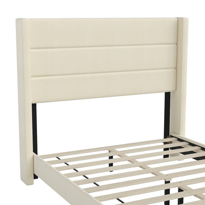 Full Upholstered Platform Bed with Wingback Headboard, Beige Faux Linen