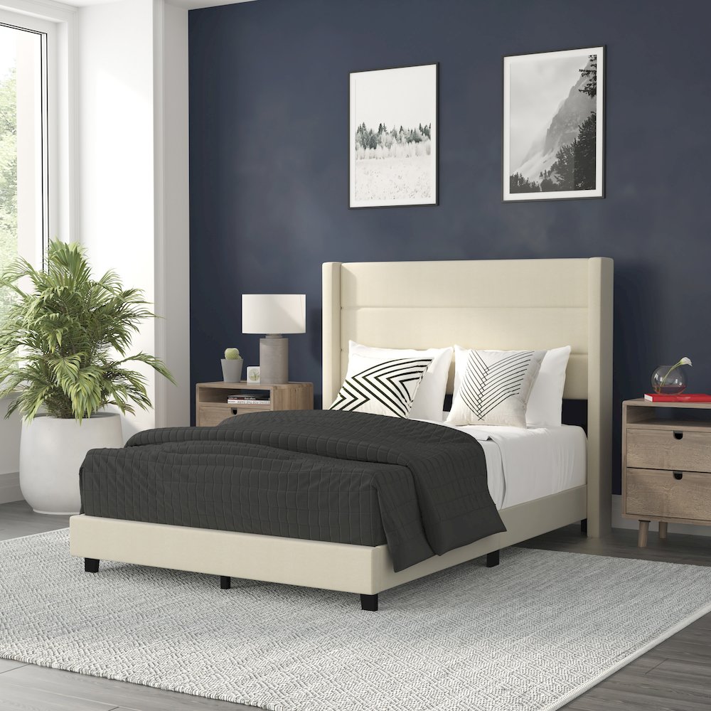 Full Upholstered Platform Bed with Wingback Headboard, Beige Faux Linen