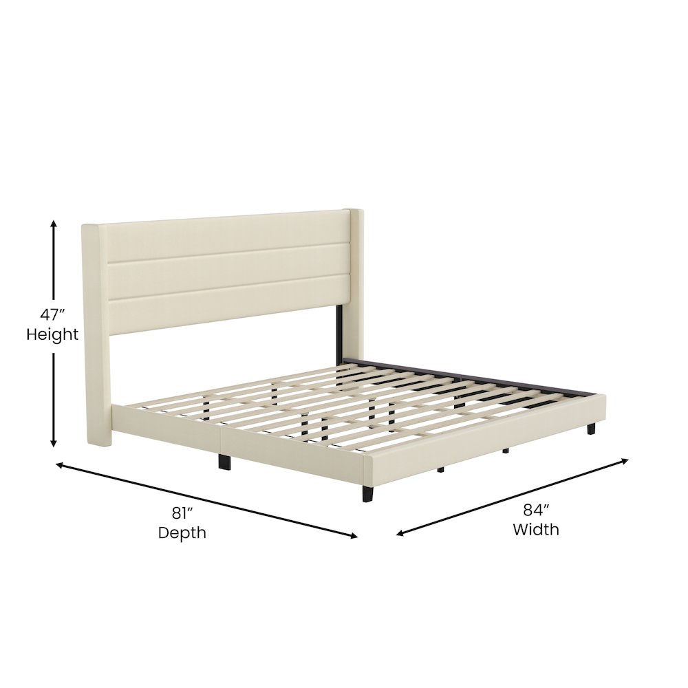 King Upholstered Platform Bed with Wingback Headboard, Beige Faux Linen