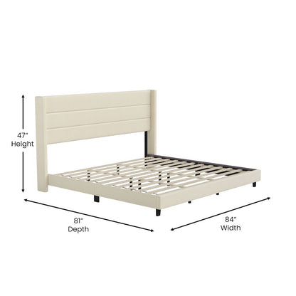 King Upholstered Platform Bed with Wingback Headboard, Beige Faux Linen