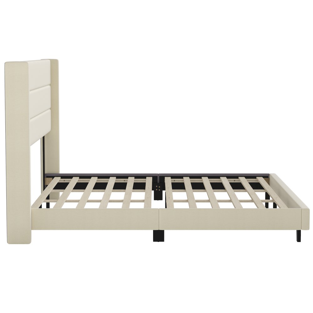 King Upholstered Platform Bed with Wingback Headboard, Beige Faux Linen