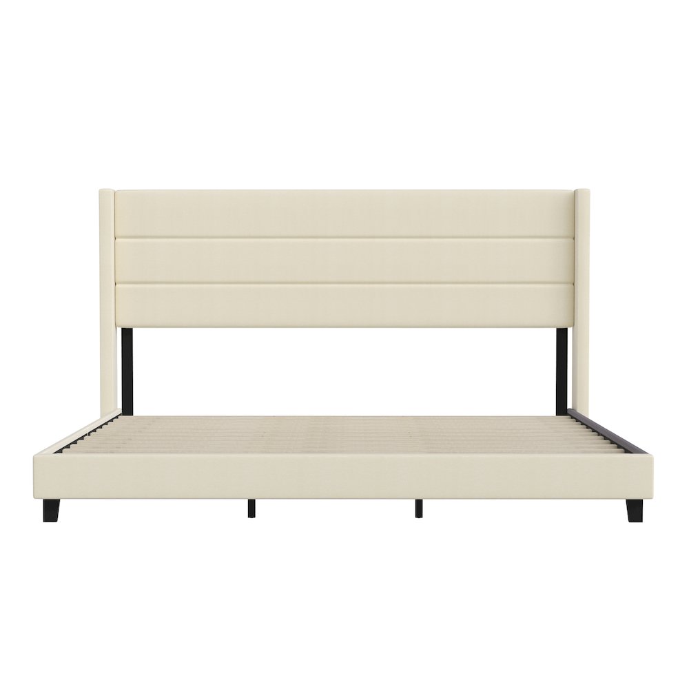 King Upholstered Platform Bed with Wingback Headboard, Beige Faux Linen