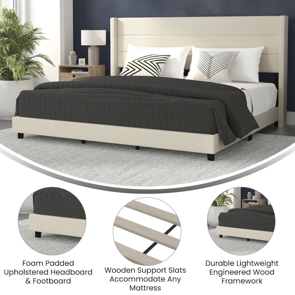 King Upholstered Platform Bed with Wingback Headboard, Beige Faux Linen