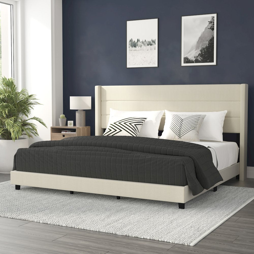King Upholstered Platform Bed with Wingback Headboard, Beige Faux Linen