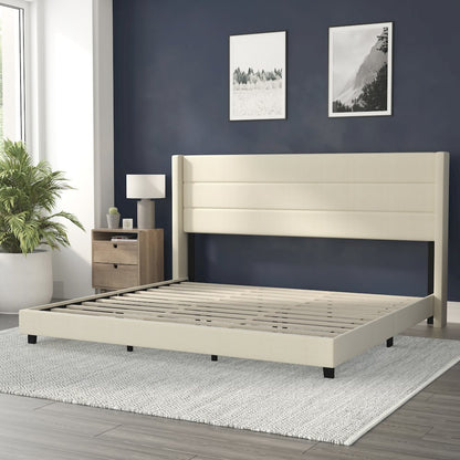 King Upholstered Platform Bed with Wingback Headboard, Beige Faux Linen