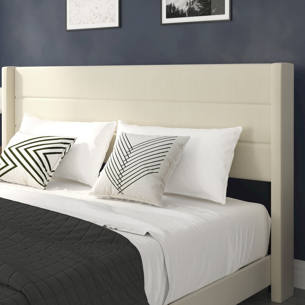 King Upholstered Platform Bed with Wingback Headboard, Beige Faux Linen