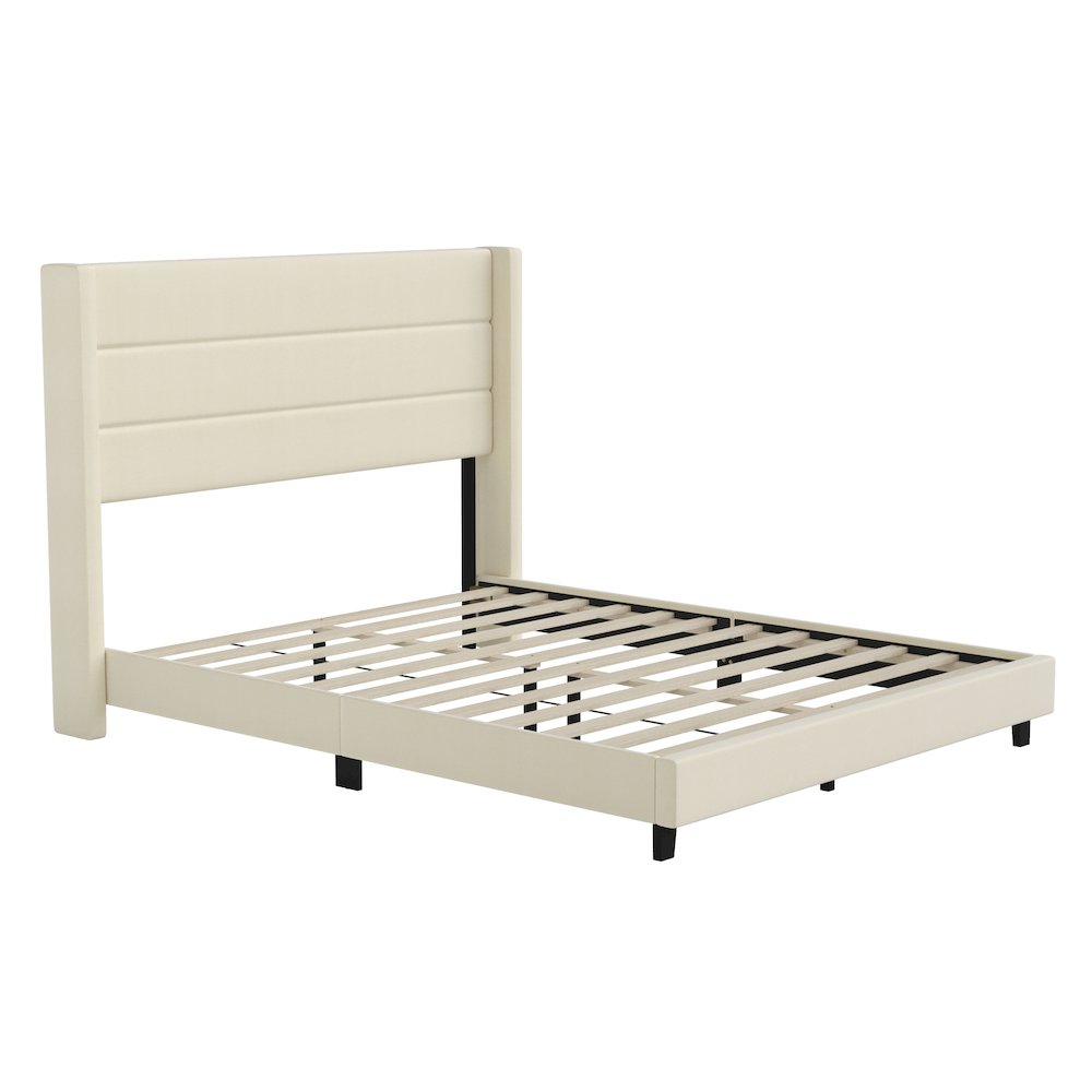 Queen Upholstered Platform Bed with Wingback Headboard, Beige Faux Linen