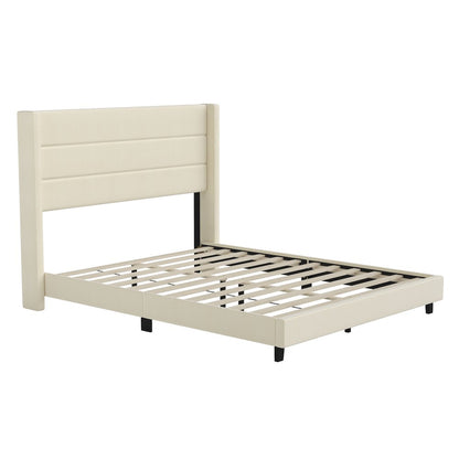 Queen Upholstered Platform Bed with Wingback Headboard, Beige Faux Linen