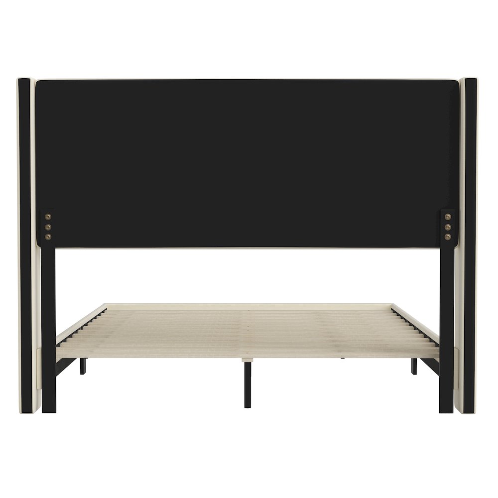 Queen Upholstered Platform Bed with Wingback Headboard, Beige Faux Linen