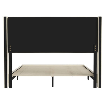 Queen Upholstered Platform Bed with Wingback Headboard, Beige Faux Linen