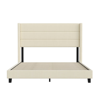 Queen Upholstered Platform Bed with Wingback Headboard, Beige Faux Linen
