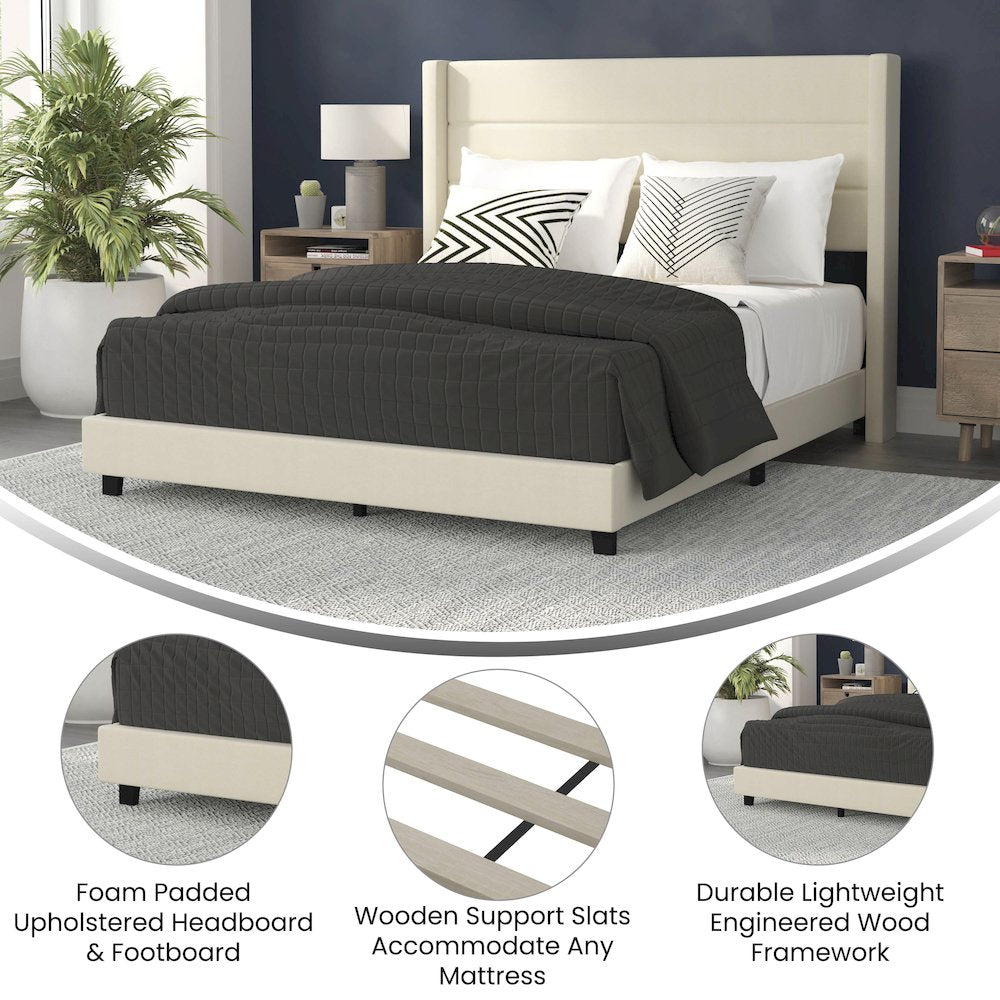 Queen Upholstered Platform Bed with Wingback Headboard, Beige Faux Linen