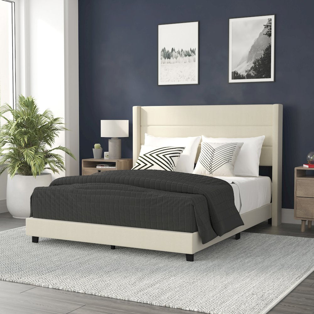 Queen Upholstered Platform Bed with Wingback Headboard, Beige Faux Linen