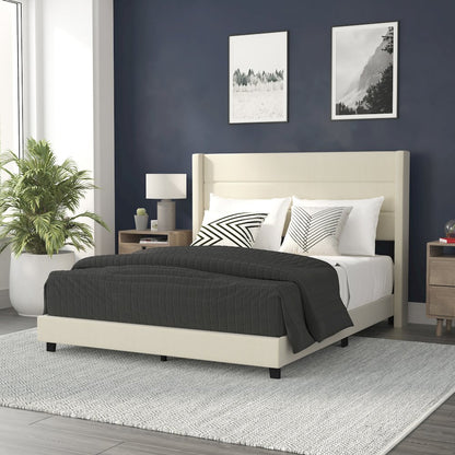 Queen Upholstered Platform Bed with Wingback Headboard, Beige Faux Linen