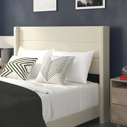 Queen Upholstered Platform Bed with Wingback Headboard, Beige Faux Linen
