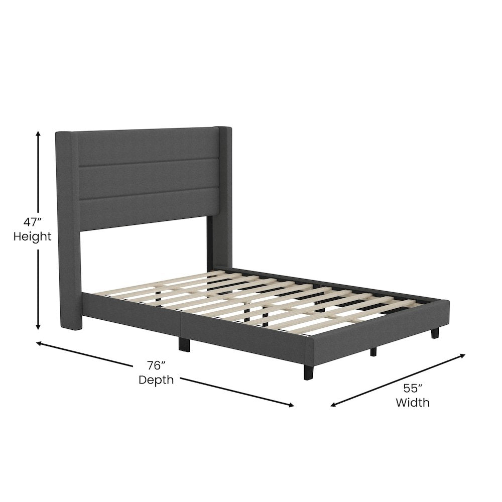 Full Upholstered Platform Bed with Wingback Headboard, Charcoal Faux Linen