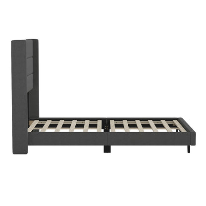 Full Upholstered Platform Bed with Wingback Headboard, Charcoal Faux Linen