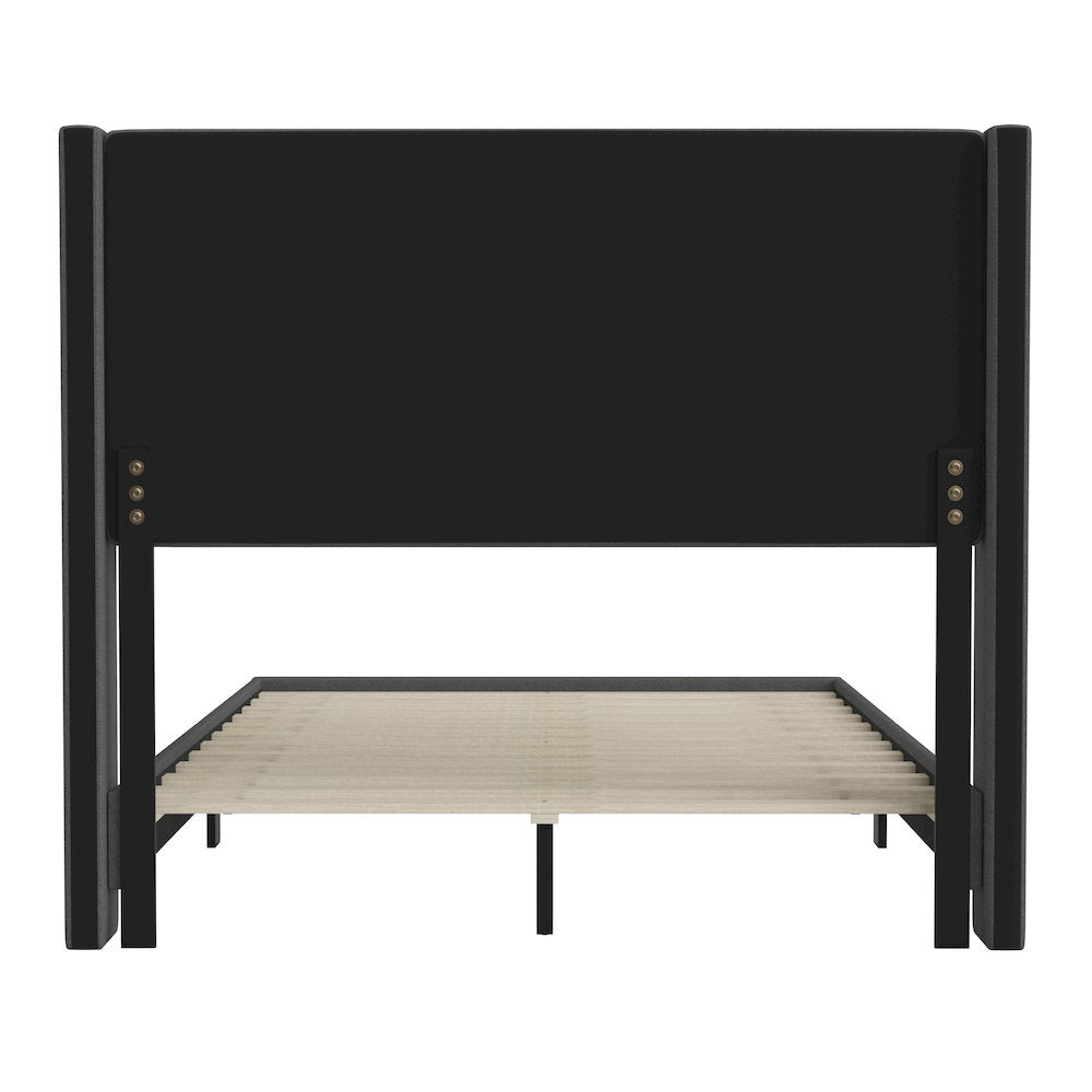 Full Upholstered Platform Bed with Wingback Headboard, Charcoal Faux Linen