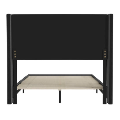 Full Upholstered Platform Bed with Wingback Headboard, Charcoal Faux Linen