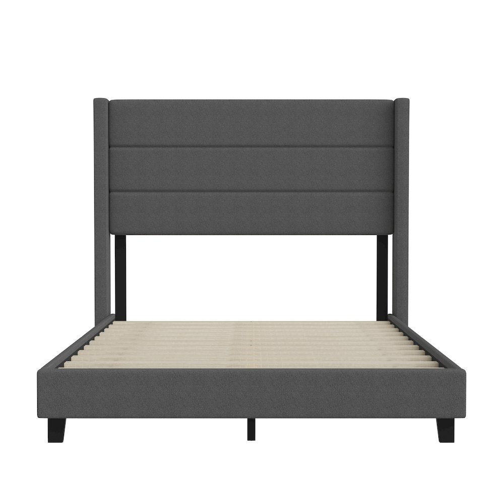 Full Upholstered Platform Bed with Wingback Headboard, Charcoal Faux Linen