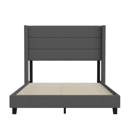 Full Upholstered Platform Bed with Wingback Headboard, Charcoal Faux Linen