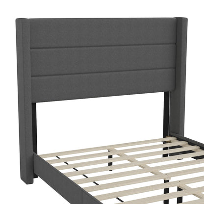 Full Upholstered Platform Bed with Wingback Headboard, Charcoal Faux Linen