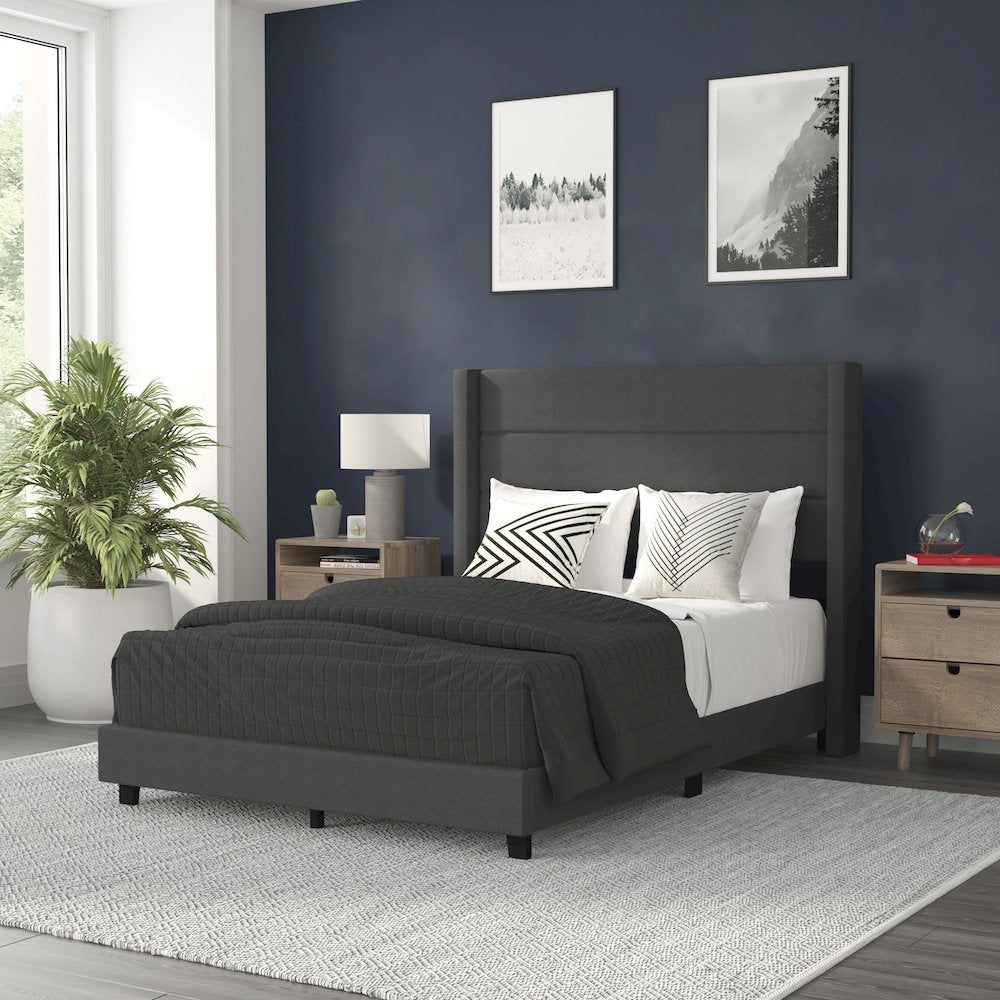 Full Upholstered Platform Bed with Wingback Headboard, Charcoal Faux Linen